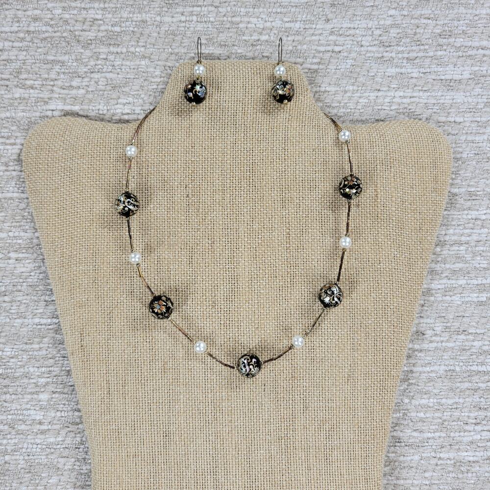 Tensha Bead Freshwater Pearl Jewelry Handpainted Spaced Necklace Earrings Japan